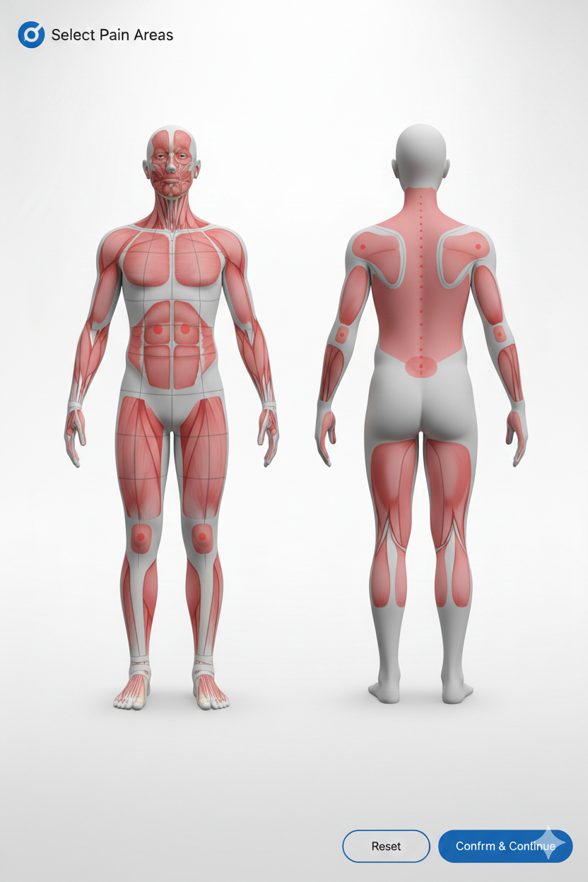 Front and back body region reference diagram for physiotherapy intake.